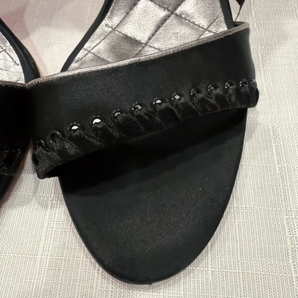 Betsey Johnson Black Satin Heels Stilettos Ankle Strap Bow Sz. 9.5 M Silver Trim
